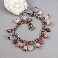 Red and Pink Natural Stone Charm Bracelet in Copper