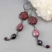 Long Dangle Earrings in Shades of Burgundy and Black, Garnet Obsidian and Mookaite Earrings