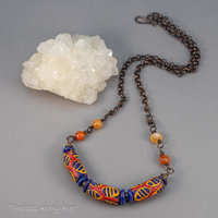 Blue and Orange African Glass Necklace Handcrafted in Copper 