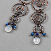Copper Spiral Long Dangle Earrings with Moonstone and Kyanite