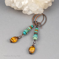 Earthy Tiger's Eye and Turquoise Earrings Handcrafted in Copper