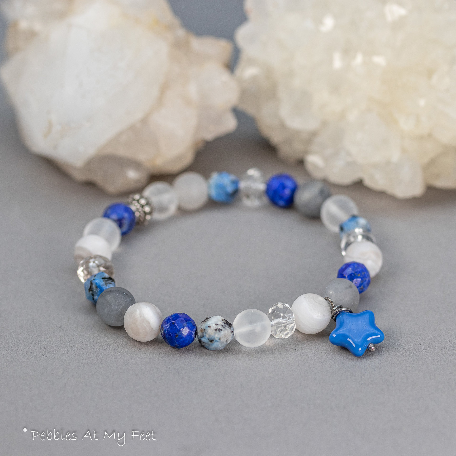 Quartz Lapis and K2 Stone Beaded Bracelet with a Celestial Theme