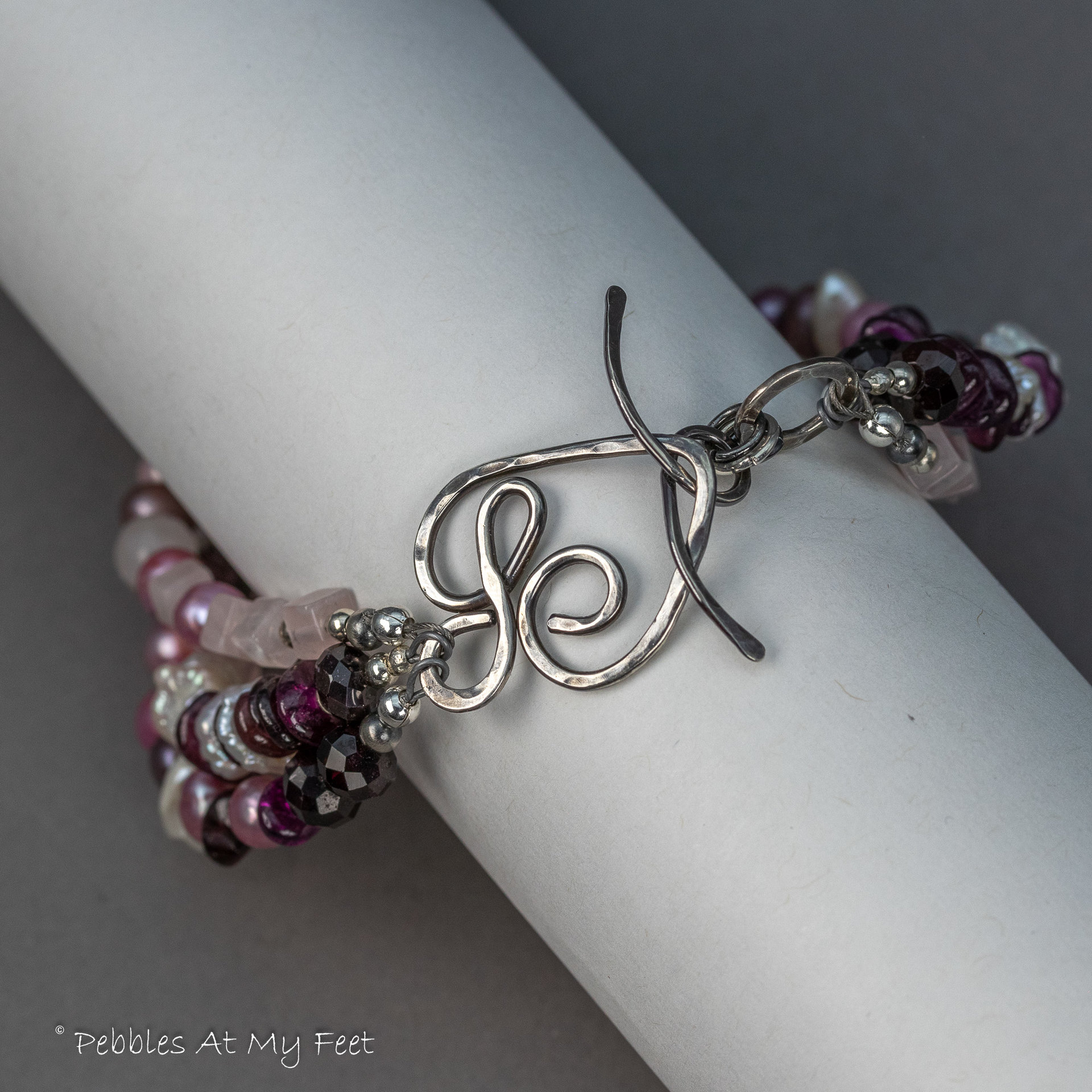 Pink Pearl and Gemstone Three-Strand Bracelet, Rose Quartz Garnet and Pearl Bracelet