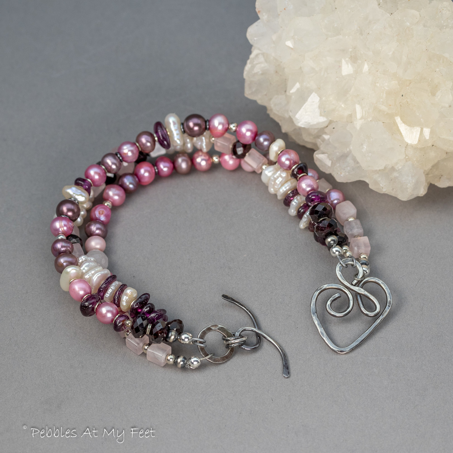 Pink Pearl and Gemstone Three-Strand Bracelet, Rose Quartz Garnet and Pearl Bracelet