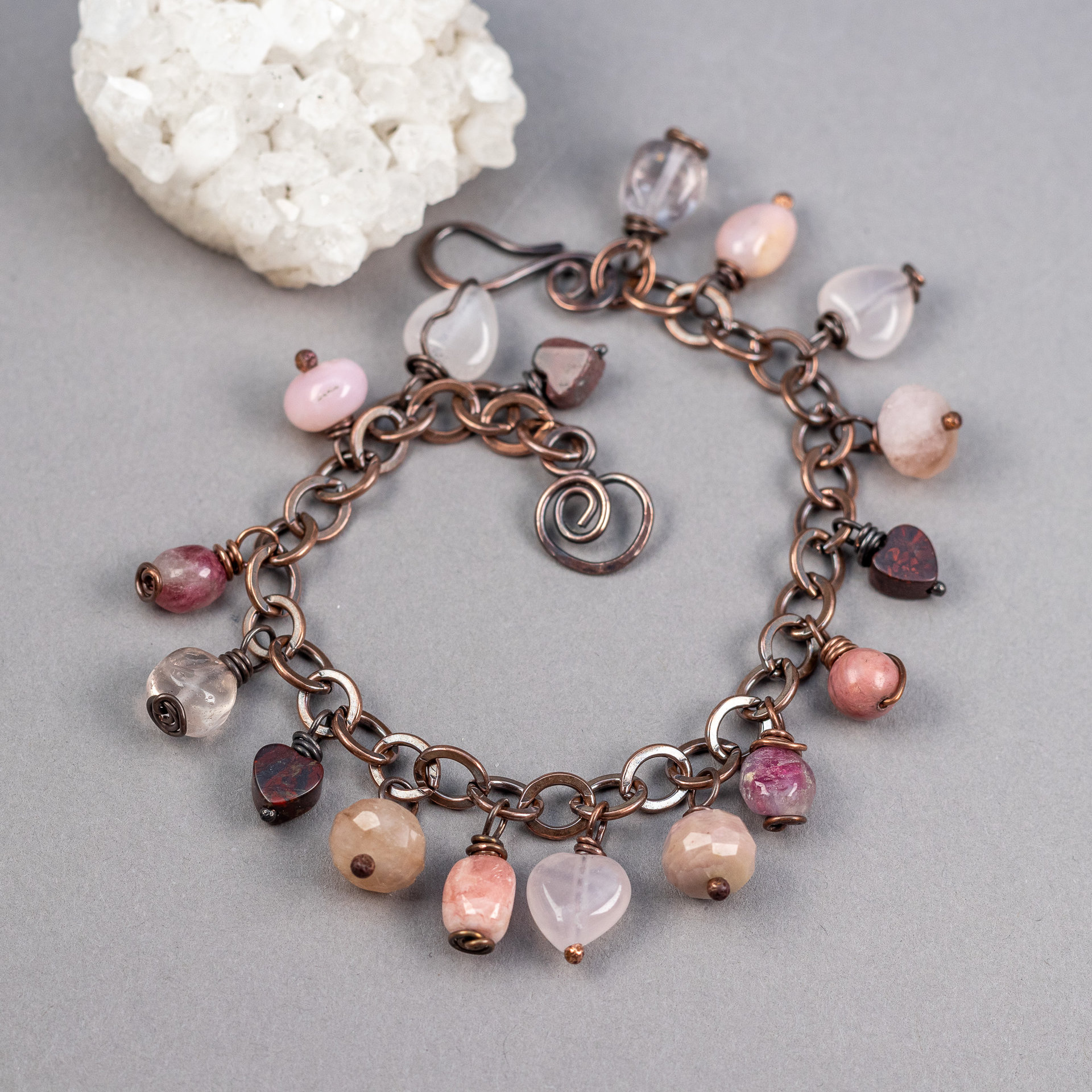 Red and Pink Natural Stone Charm Bracelet in Copper