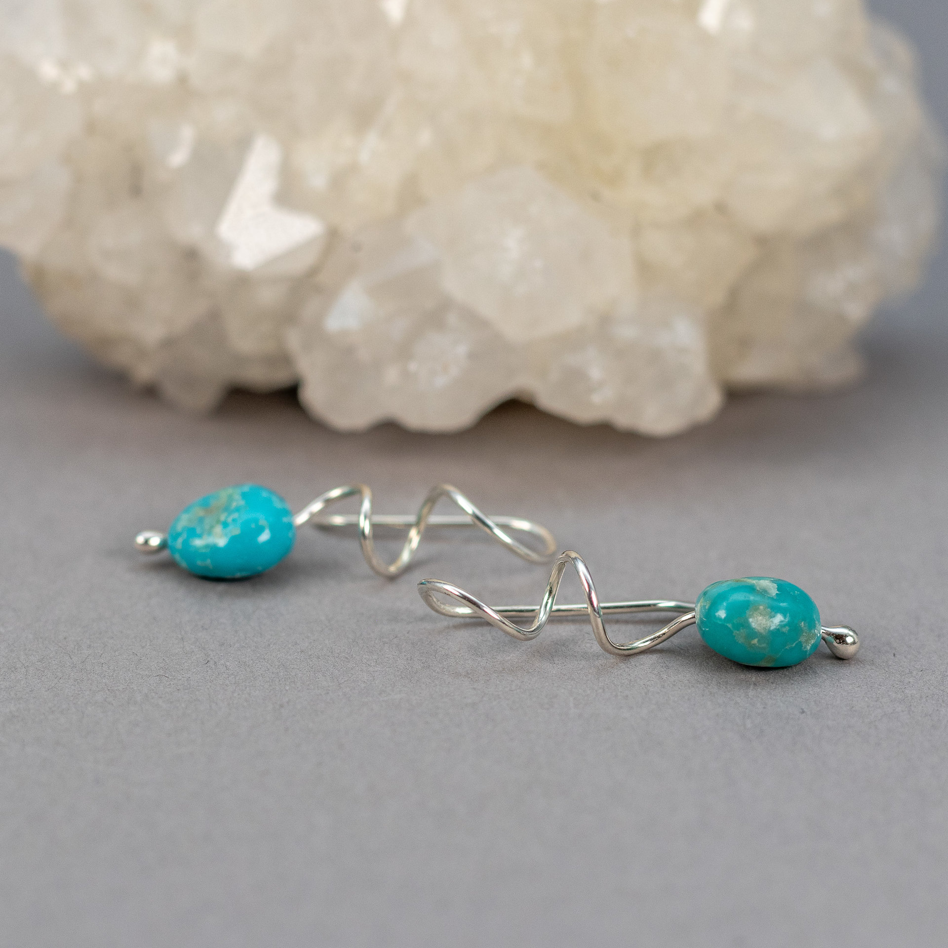 Curlicue Silver Earrings with Campitos Turquoise, Genuine Turquoise Whimsical Drop Earrings