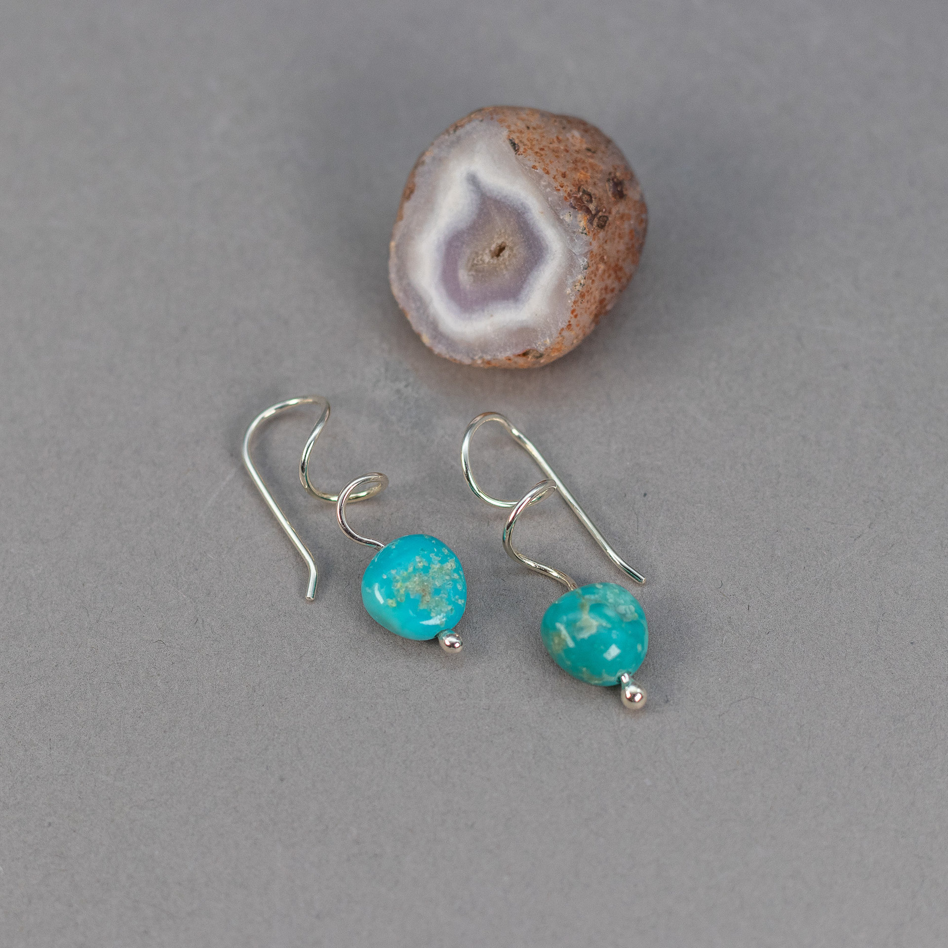 Curlicue Silver Earrings with Campitos Turquoise, Genuine Turquoise Whimsical Drop Earrings