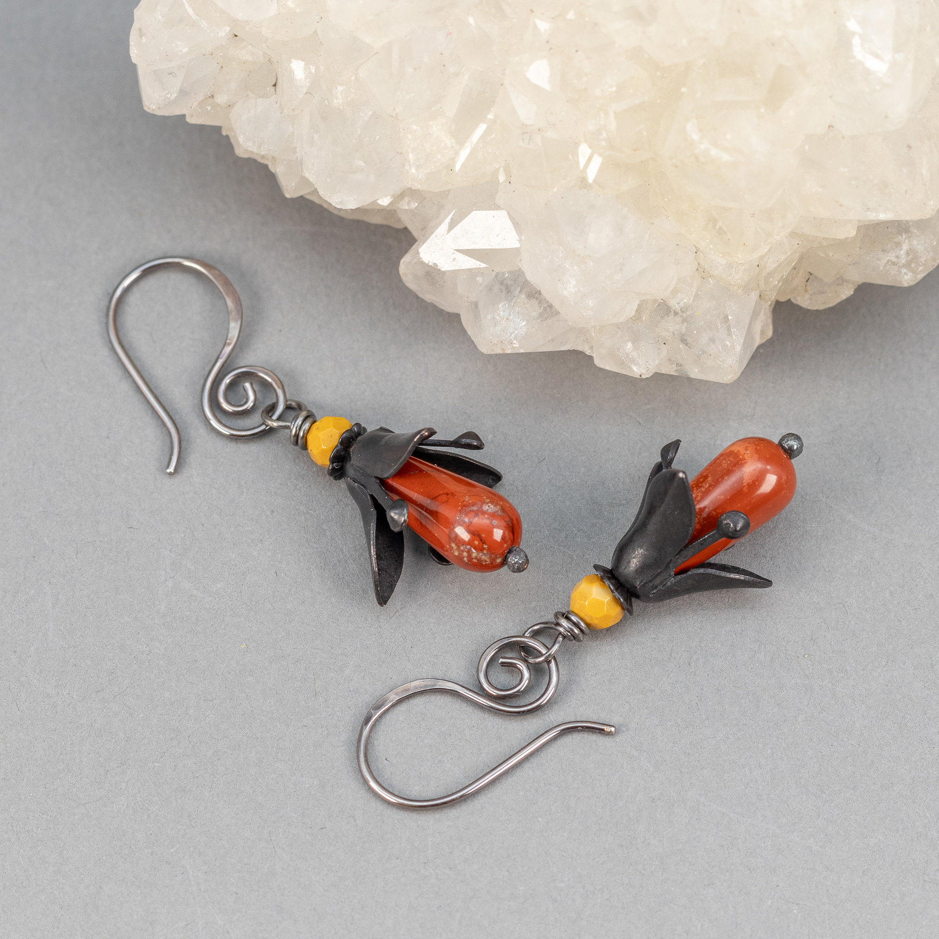 Red Jasper Earrings, Lily Flower Earrings with Jasper Stones