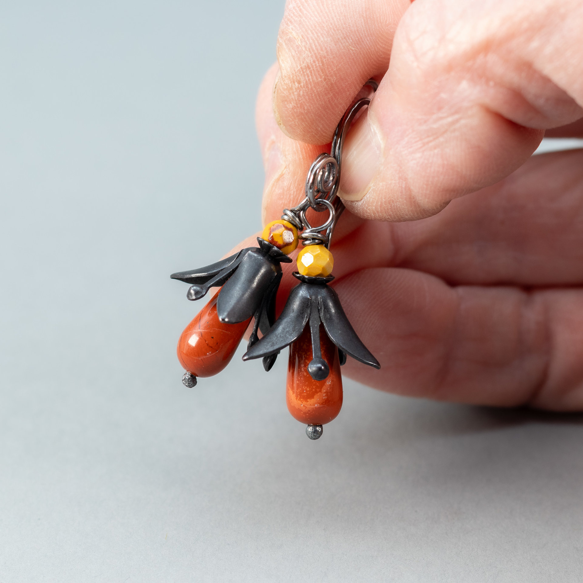 Red Jasper Earrings, Lily Flower Earrings with Jasper Stones