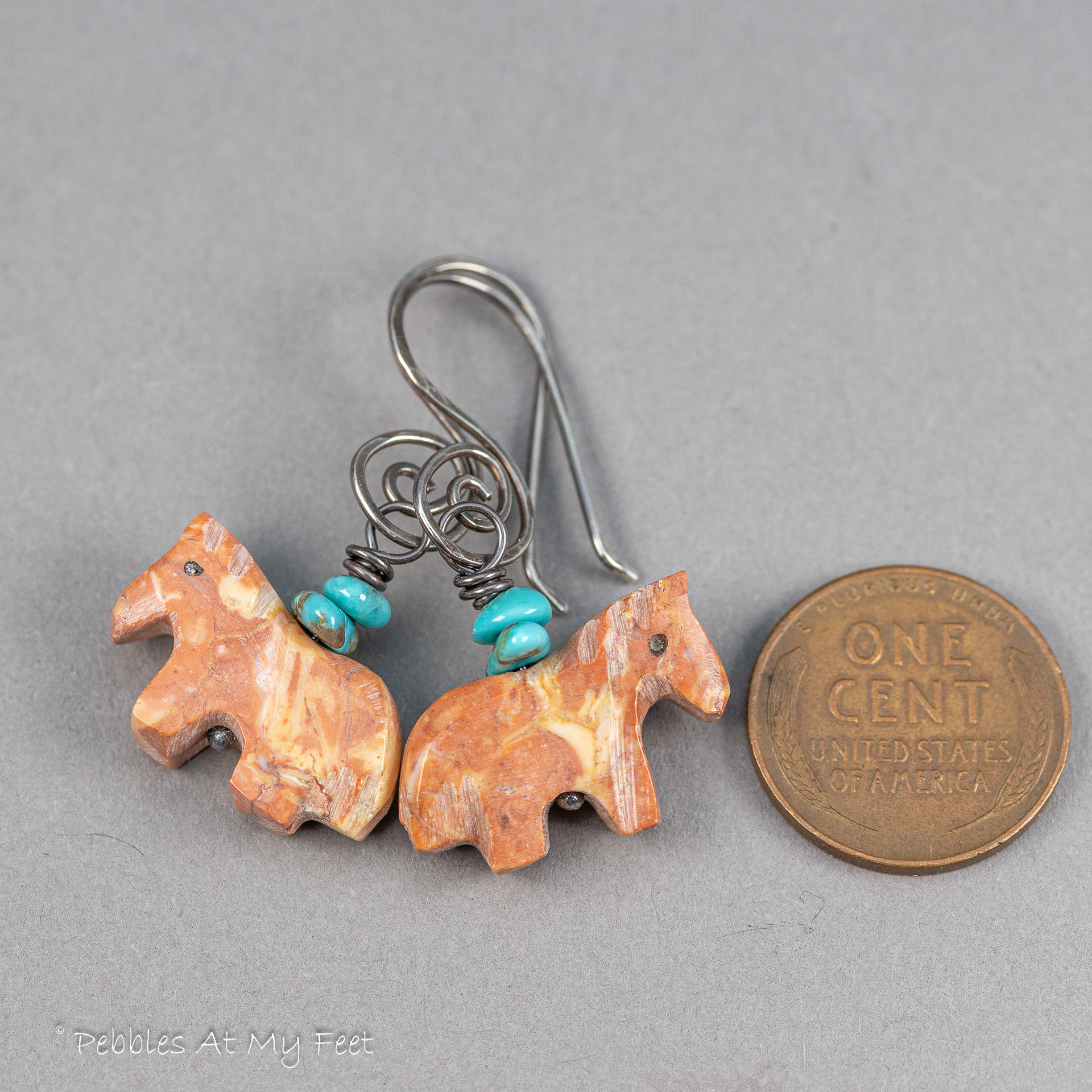 Horse Earrings, Southwest Red Stone Horse and Turquoise Earrings
