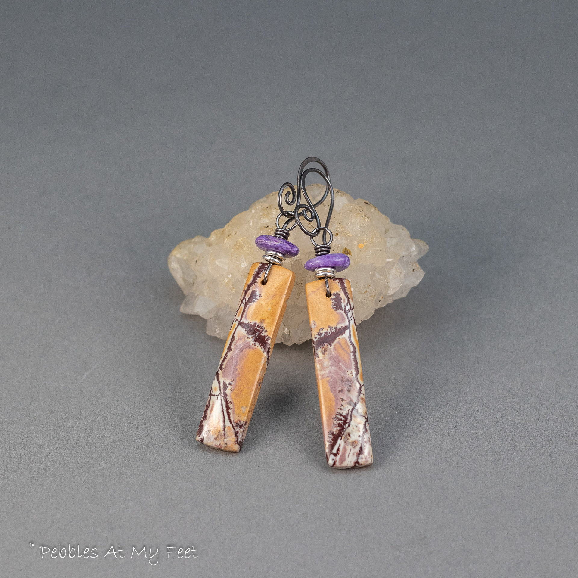 Yellow Ochre and Maroon Stone Earrings with Purple Charoite Accent