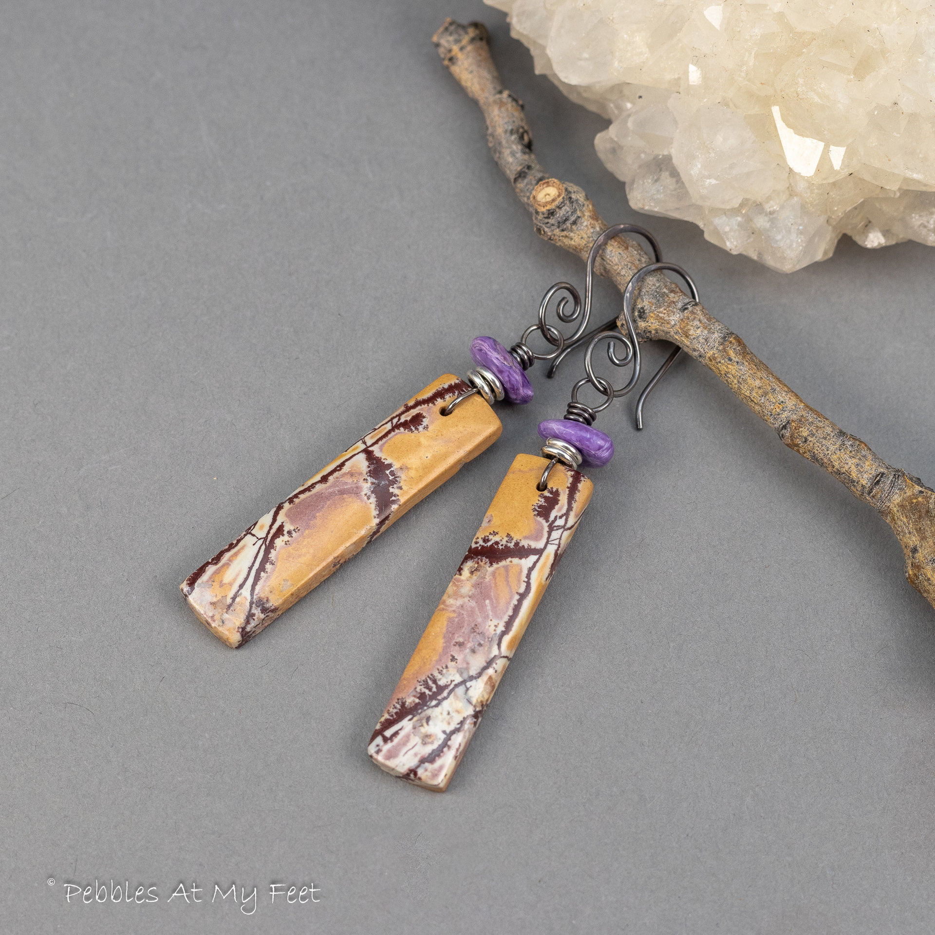 Yellow Ochre and Maroon Stone Earrings with Purple Charoite Accent