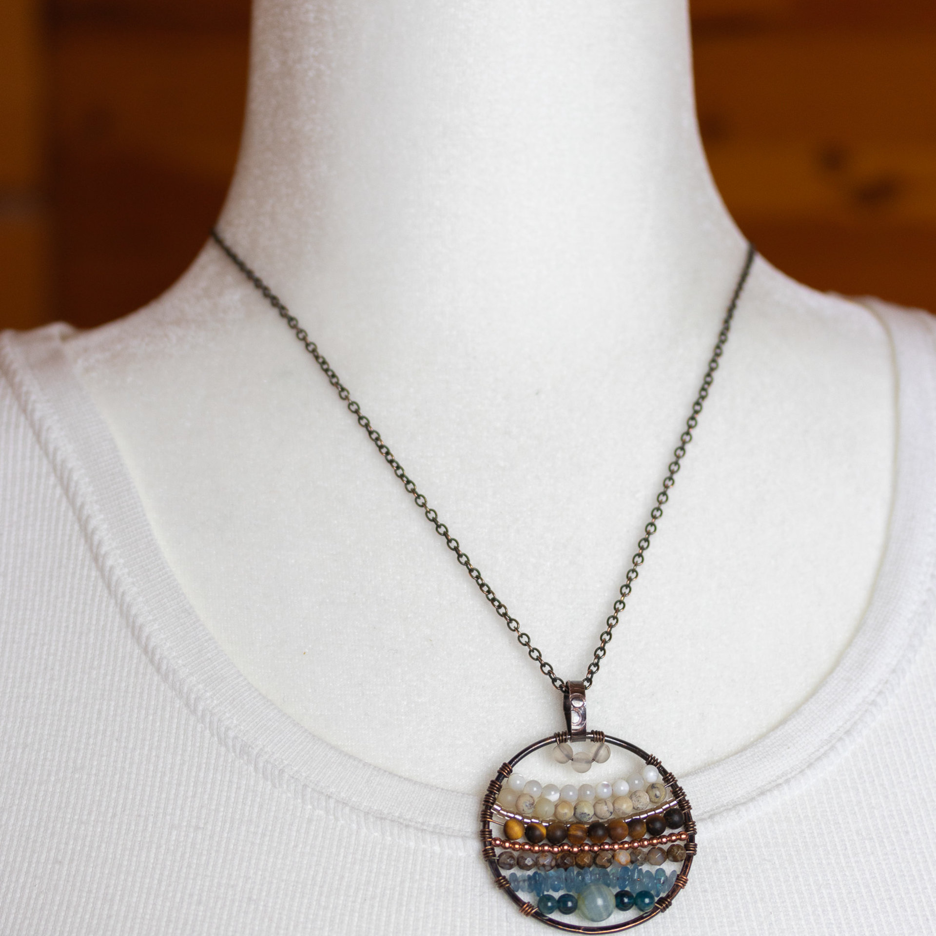 Ocean Blue and Brown Handmade Multi Gemstone Circle Necklace