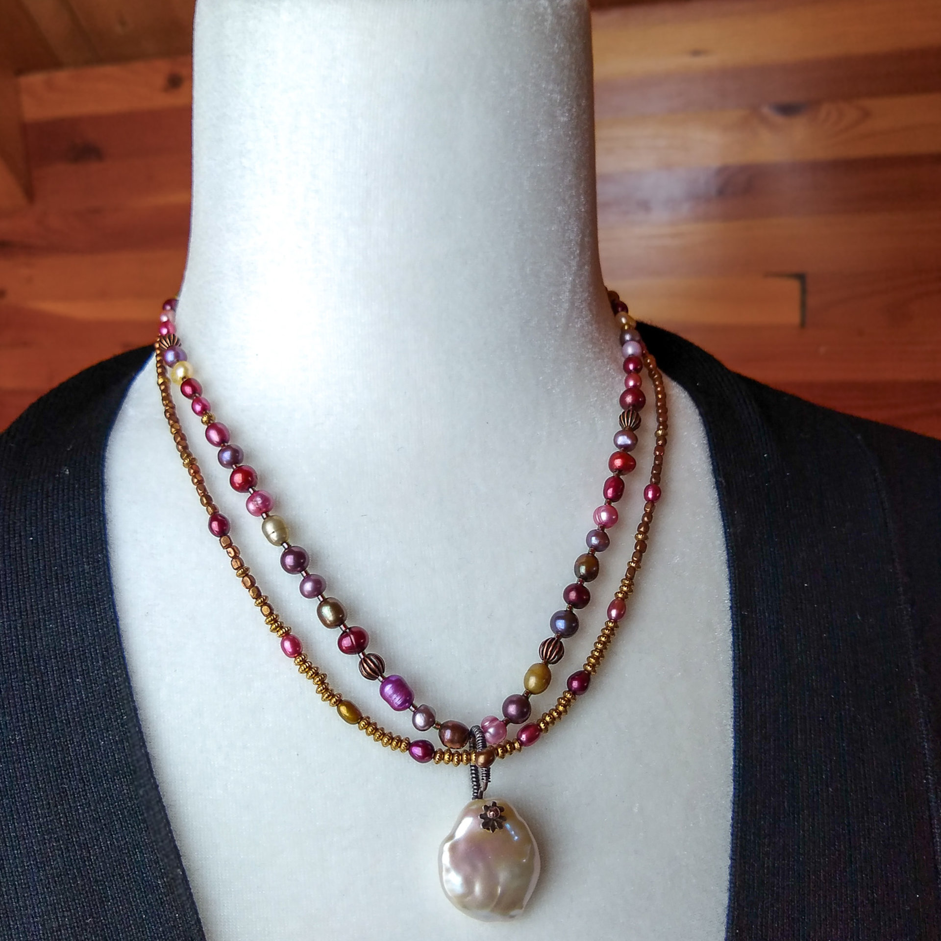 Harlequin Pearl Necklace, Two Strand Multicolor Freshwater Pearl Necklace