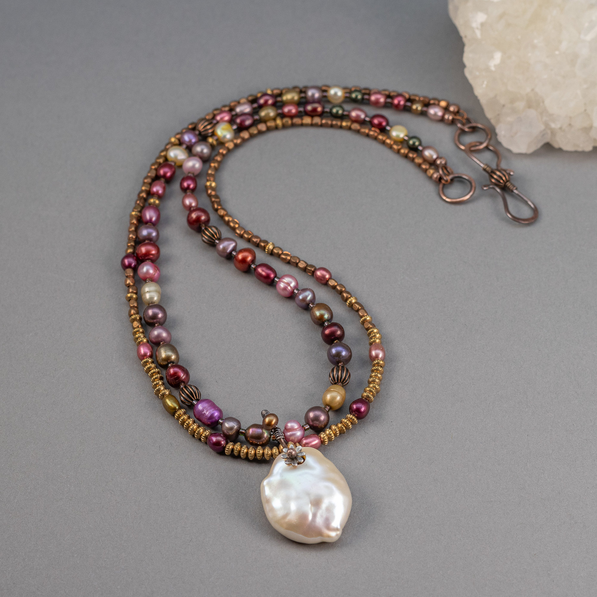 Harlequin Pearl Necklace, Two Strand Multicolor Freshwater Pearl Necklace