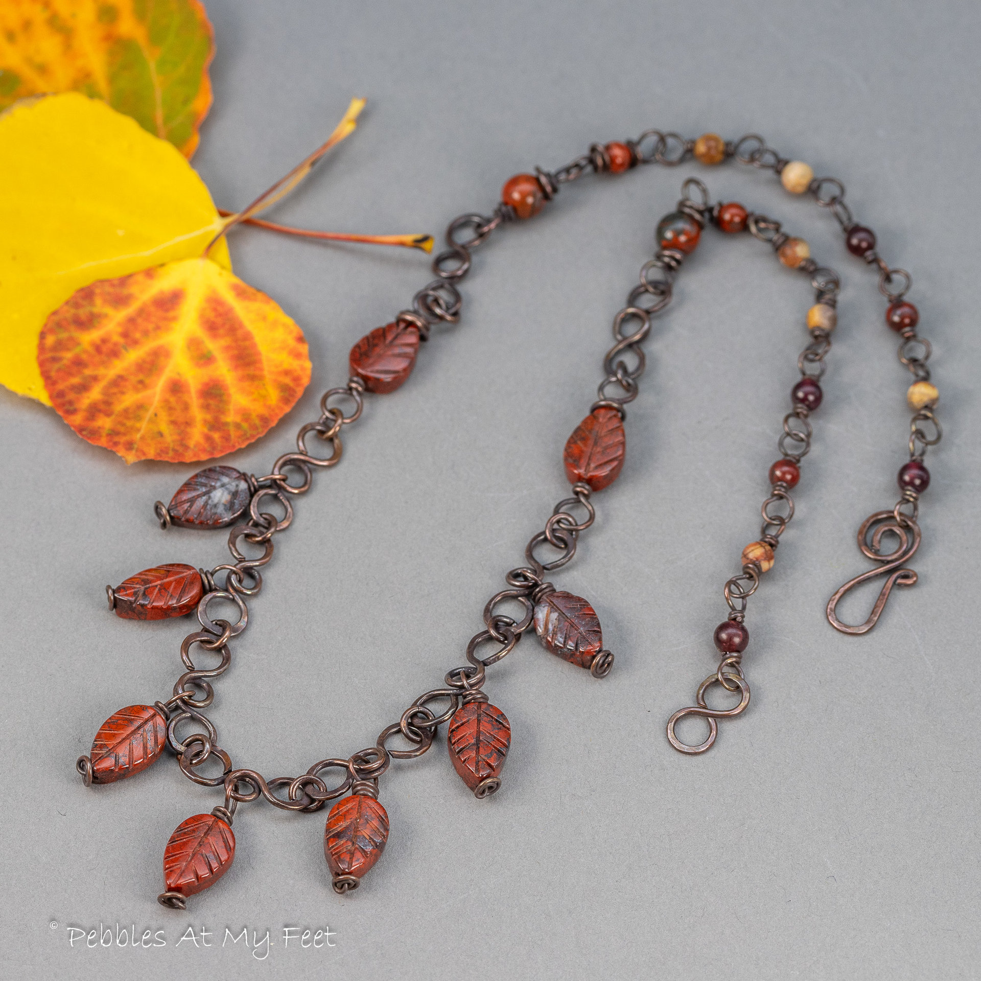 Handcrafted Copper Link Necklace with Poppy Jasper Leaf Shaped Stones