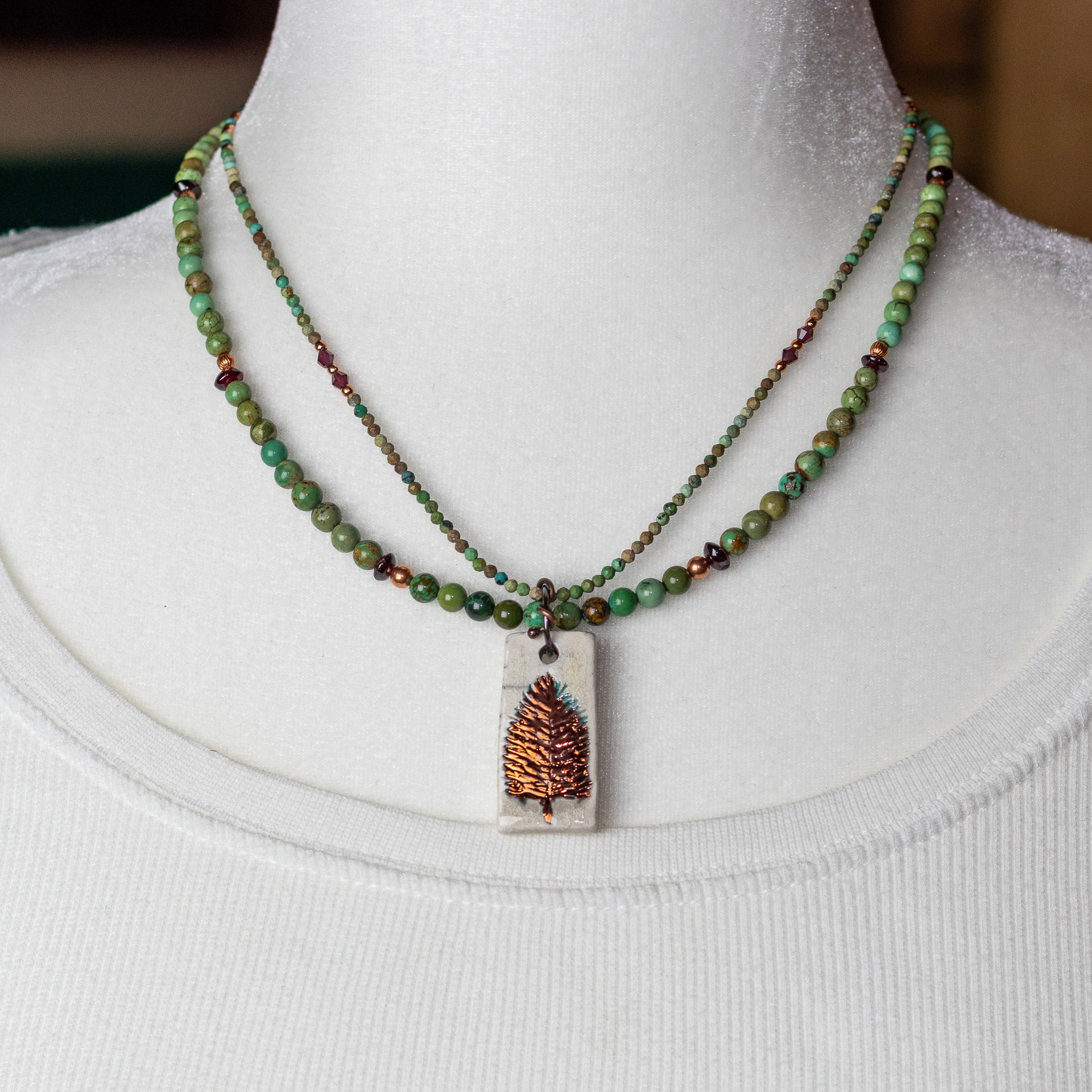 Green Turquoise Beaded Necklace with  Porcelain Tree Pendant