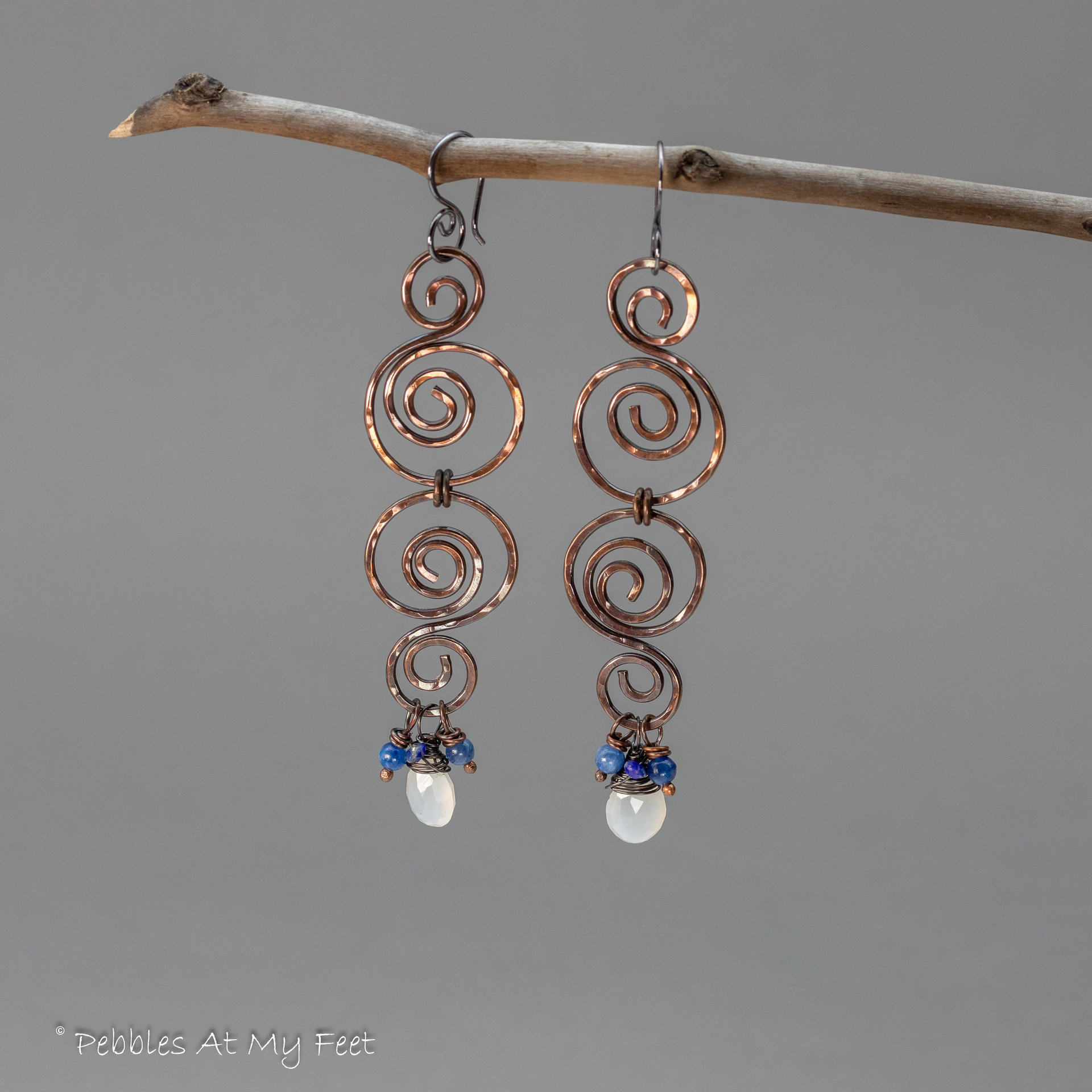 Copper Spiral Long Dangle Earrings with Moonstone and Kyanite