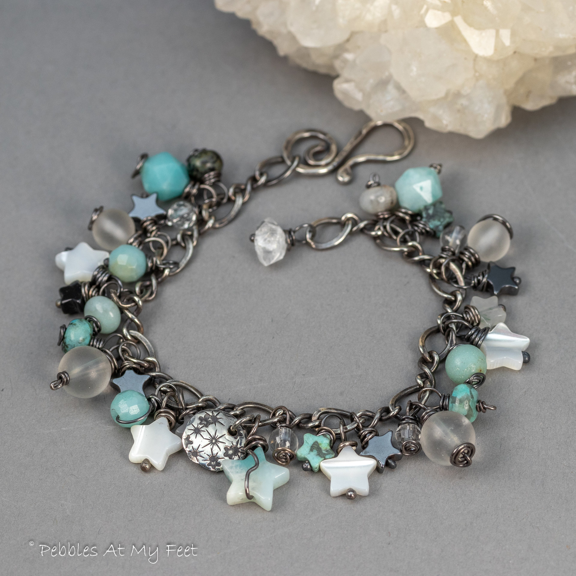 Gemstone Charm Bracelet in Oxidized Sterling Silver, Amazonite and Mother of Pearl Stars