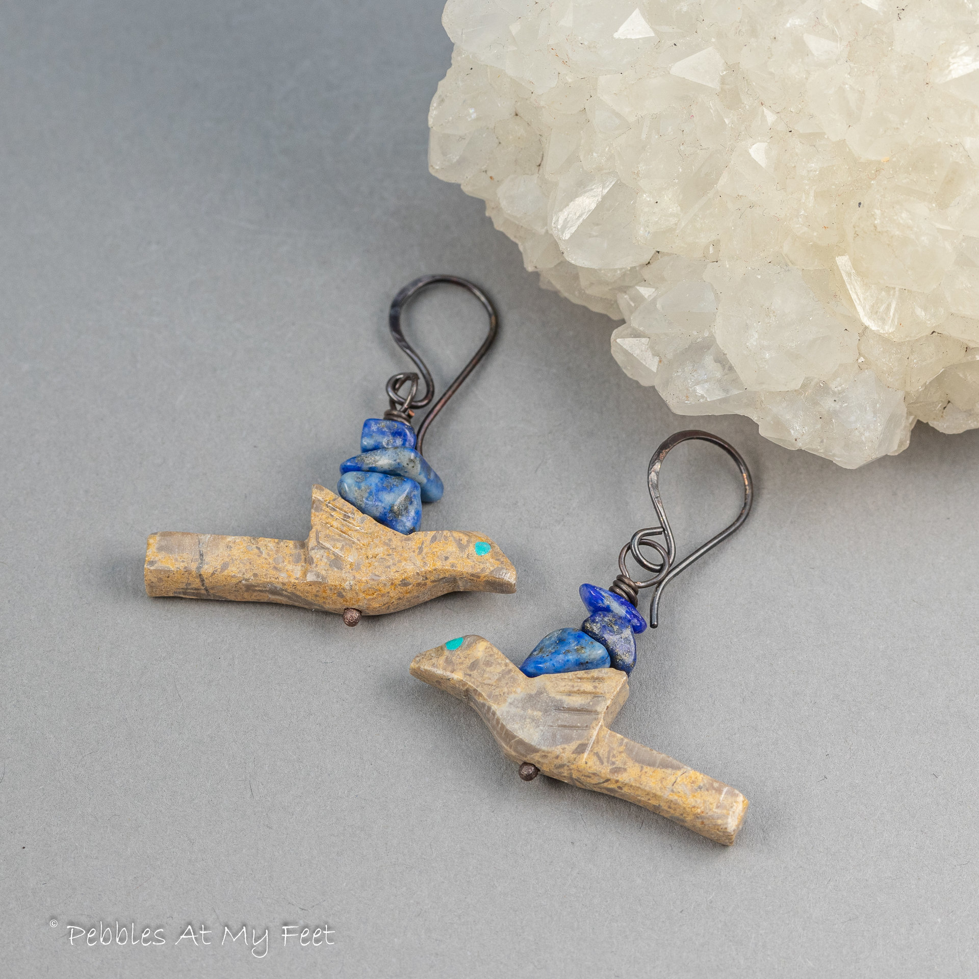 Primitive Bird Earrings with Lapis Stones