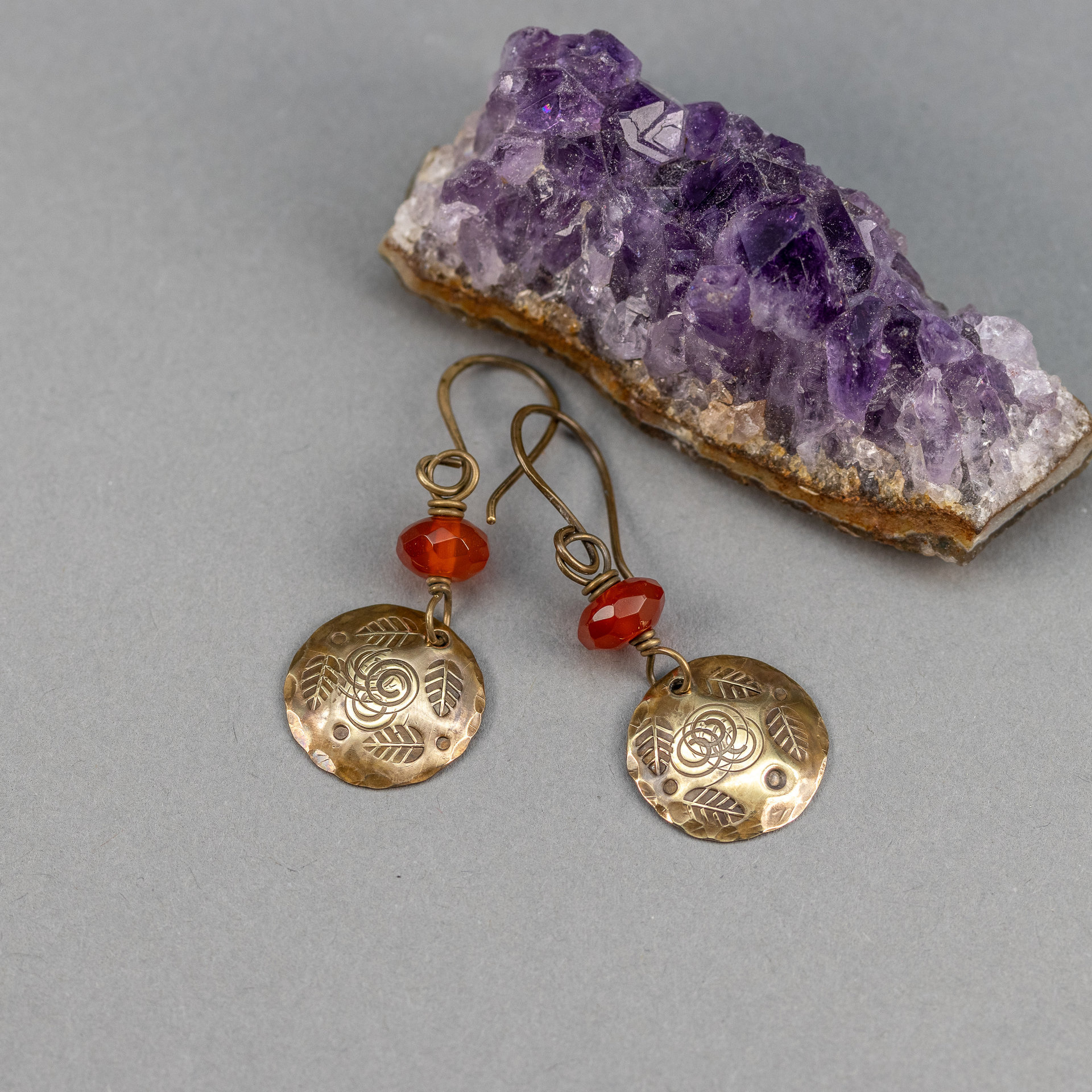 Orange Carnelian and Vintage Gold Brass Earrings for Fall Season