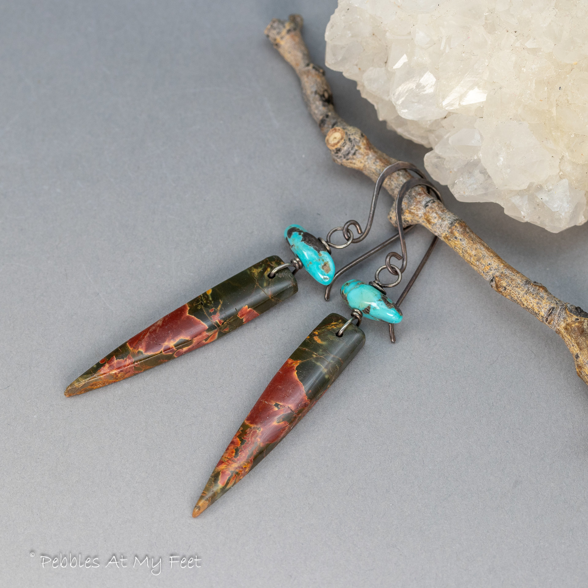 Stone Dagger Earrings in Sterling Silver, Red Creek Jasper Earrings and Nevada Turquoise Earrings