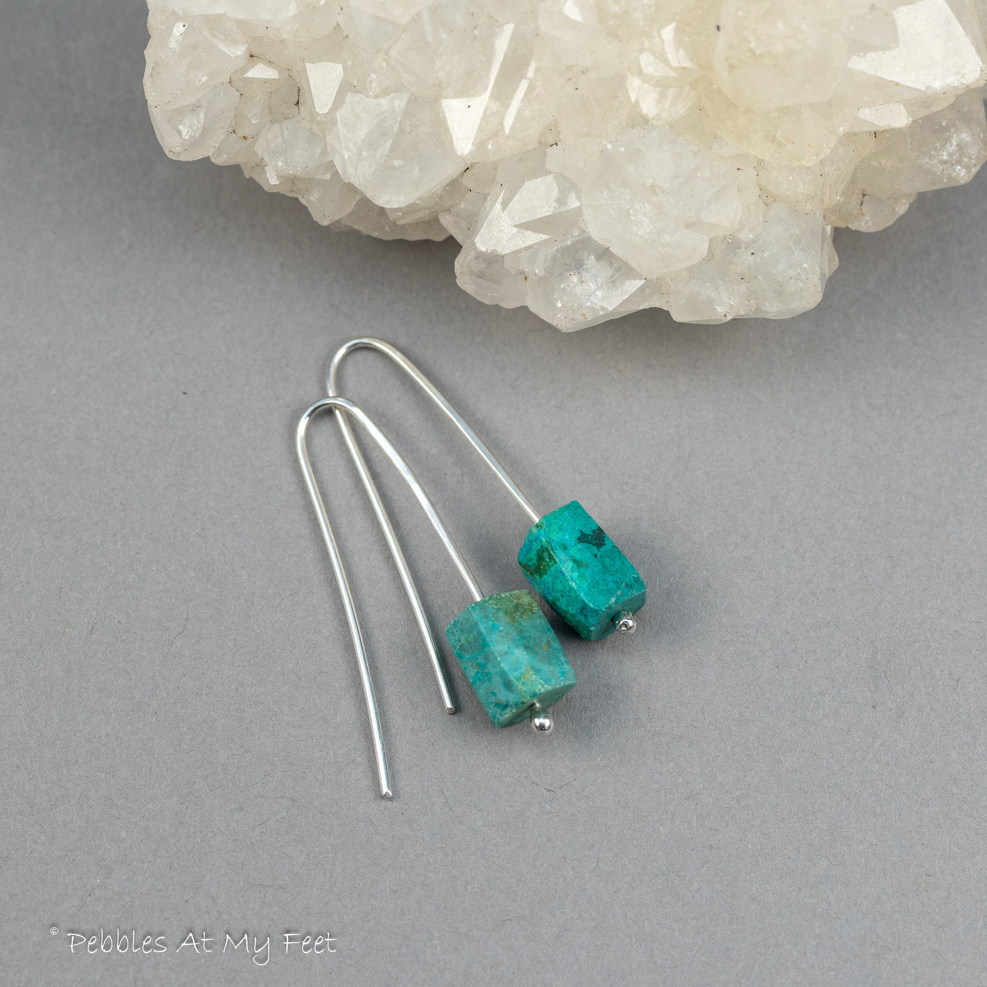 Sterling Silver Wire Threader Earrings with Teal Chrysocolla Stones