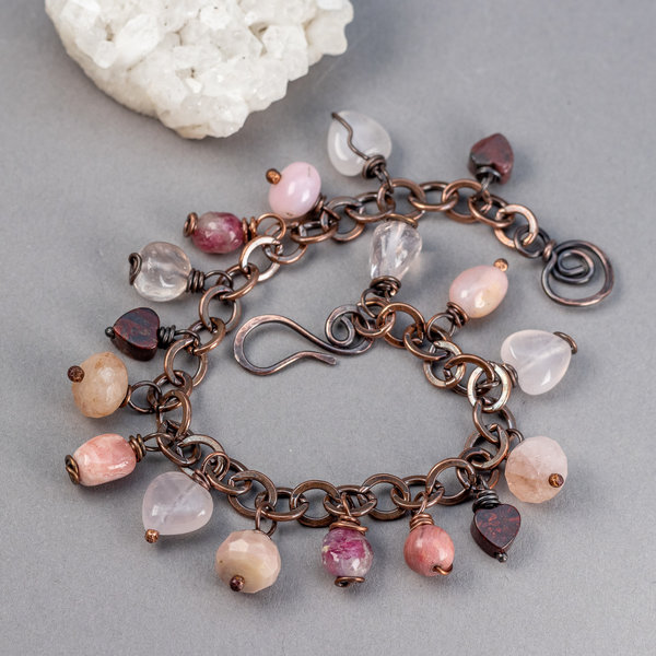 Red and Pink Natural Stone Charm Bracelet in Copper