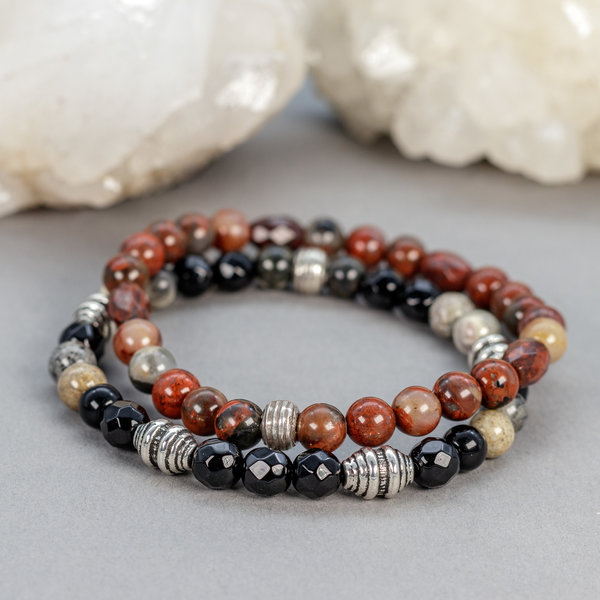 Black and Red Natural Stone Bead Bracelet Stack