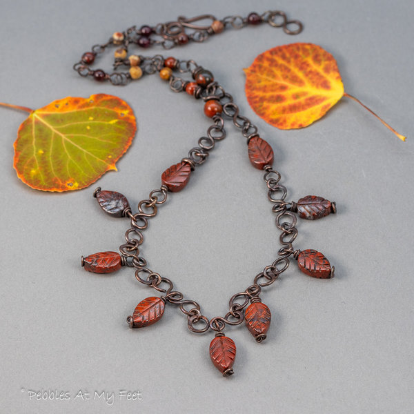 Handcrafted Copper Link Necklace with Poppy Jasper Leaf Shaped Stones