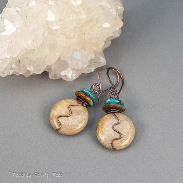 Brown Stone Earrings Handmade in Copper, Fossil Coral and Turquoise