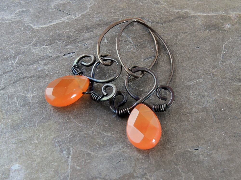 Wire Wrapped Carnelian Circle Earrings  Genuine Gemstone Earrings