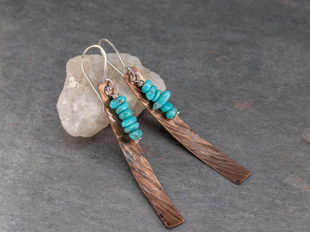 Long Copper Dangle Earrings with Campitos Turquoise Stones, Hammer ...