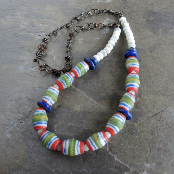 Colorful African Bead Necklace with Lapis and Howlite Natural Stones ...
