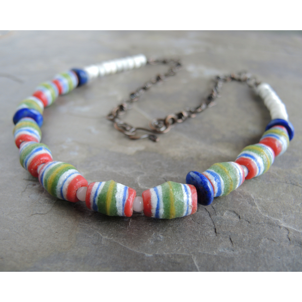 African Glass Barrel Bead Necklace