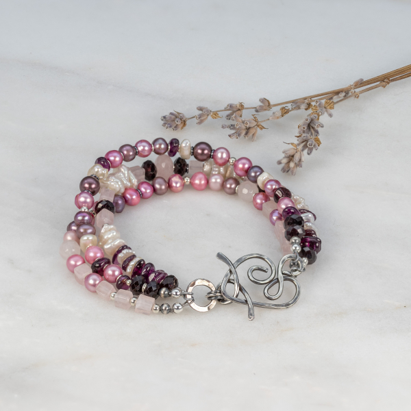 Pink Pearl and Gemstone Three Strand Bracelet
