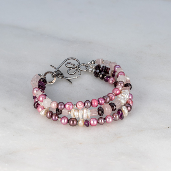 Sterling Silver Heart Toggle Clasp Closes this Pink Beaded Bracelet