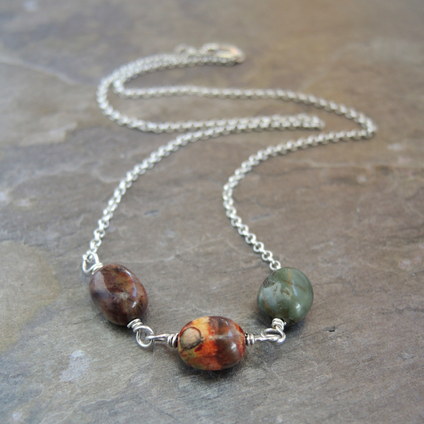 Pebble Trio Necklace with Earthy Red and Grey Jasper Stones