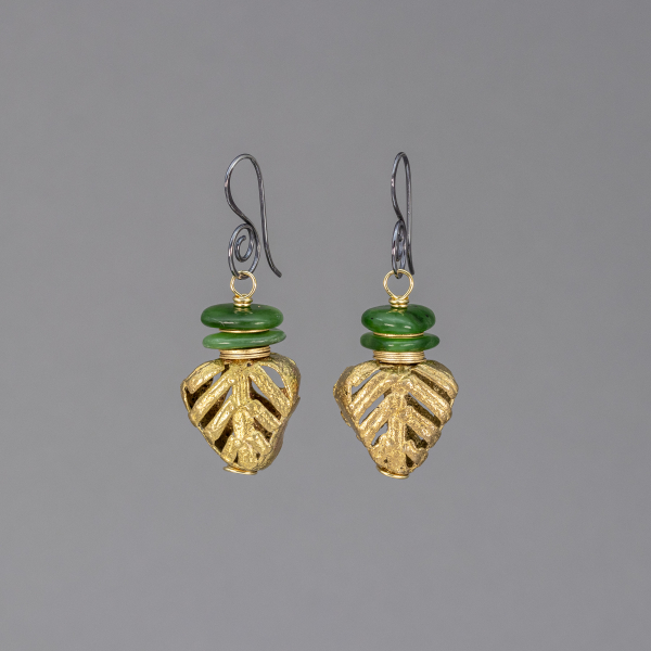 Golden Brass African Bead Earrings Accented with Green Jade