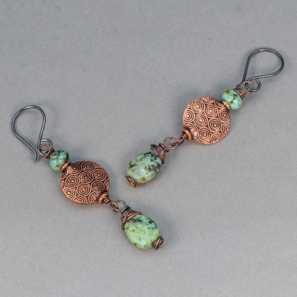 Copper Dangle Earrings with Minty Green Stones