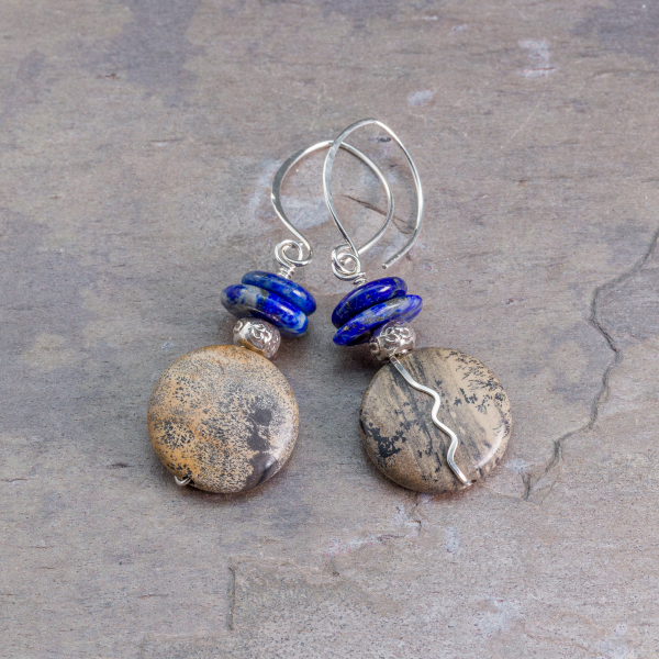 Tan, Black, and Blue Stone Earrings in Silver