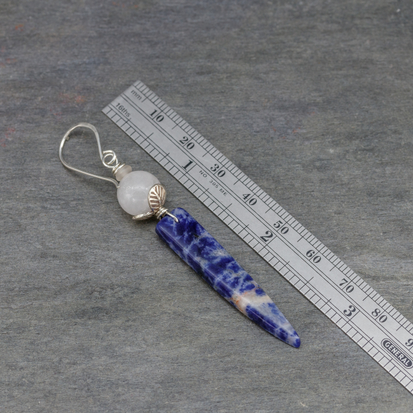 Sodalite Dagger Earrings are Three Inches Long