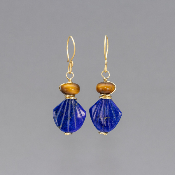 Brown and Blue Stone Beaded Earrings Shown Hanging On a Gray Background