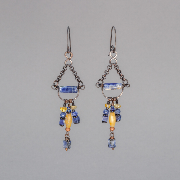 Dangle Earrings Have Three Strands of Yellow and Blue Stones