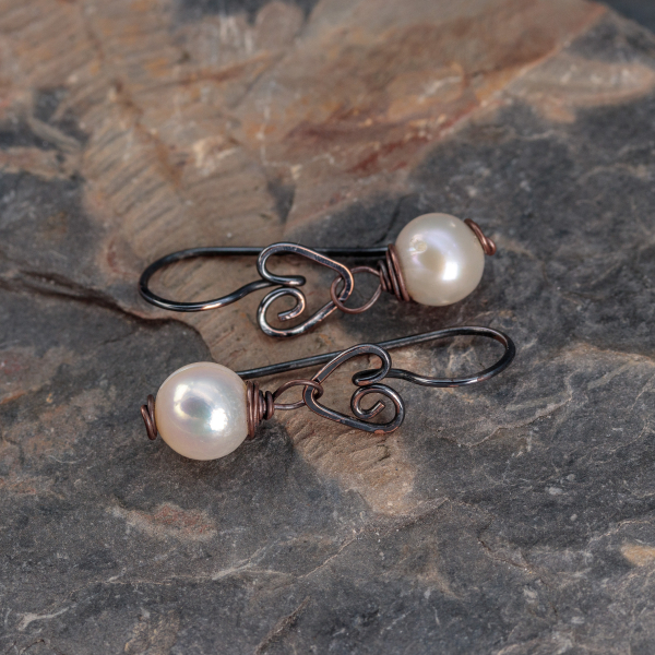 Dark Copper Heart Earrings with Cream Color Potato Pearls