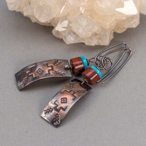 Out West Inspired Dangle Earrings, Stamped Copper