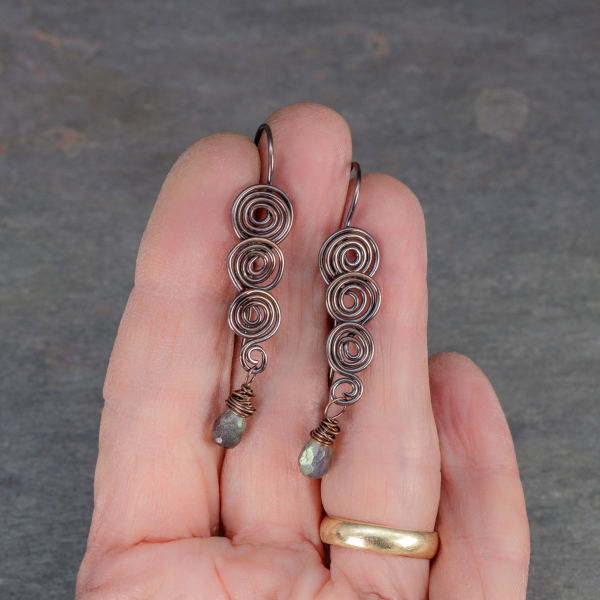 Dark Copper Earrings with Tiny Labradorite Teardrops
