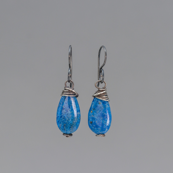 Lapis Teardrop Earrings Hand Wired in Sterling Silver with Antiqued Patina