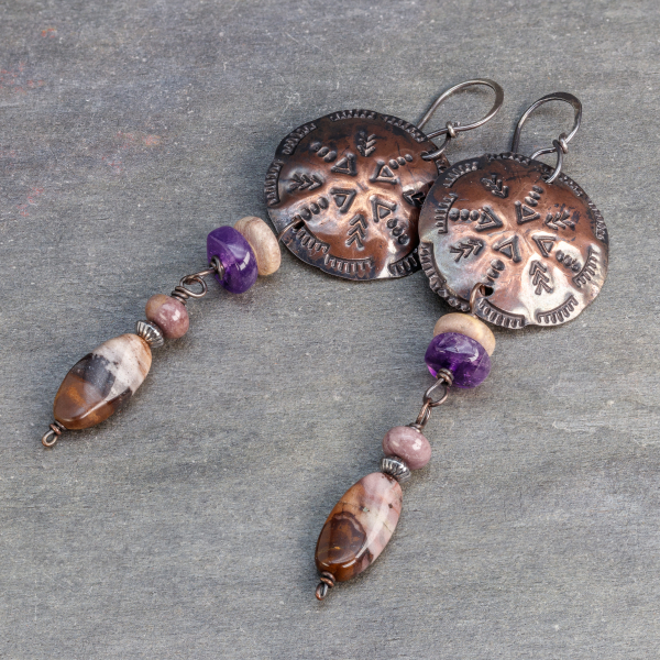 Textured Copper Earrings with Jasper and Amethyst Natural Stones