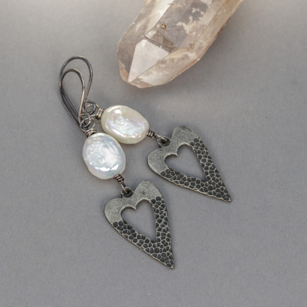 White Coin Pearl Earrings with Pewter Heart Dangles
